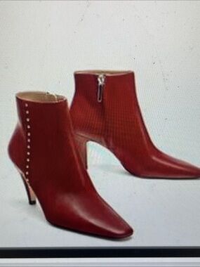 Zara Red leather Pointed-Toe Ankle Boots with silver stud and Side Zip